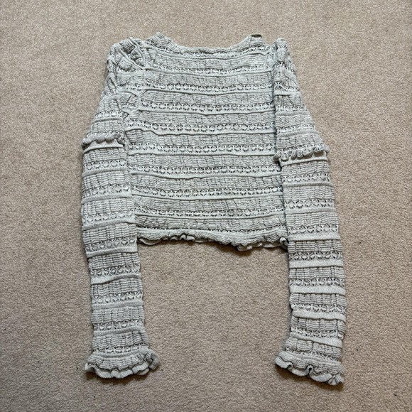 Free People Cardigan Womens Large Gray Ruffle Knit Button Front Boho Cropped - Picture 3 of 10